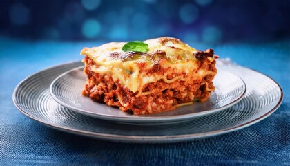 Wall Mural - piece of lasagna in plate on bright background, delicious food