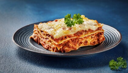 Wall Mural - piece of lasagna in plate on bright background, delicious food