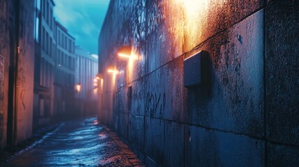 Wall Mural - Narrow alleyway with brick wall, illuminated by streetlights.