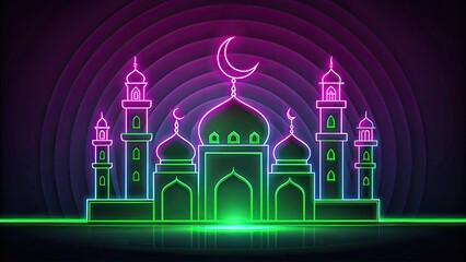 ramadan line art green and purple neon color iso Generative ai