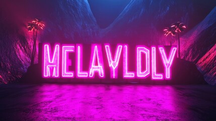 Poster - Neon sign with the word MELAYLDLY in pink light, surrounded by mountains and palm trees.