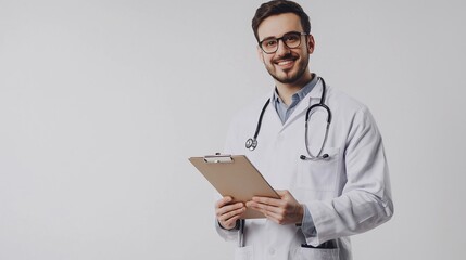 Wall Mural - Veterinarian Holding a Clipboard and Writing Notes, Isolated on White Background with Space for Veterinary Clinic Advertisements