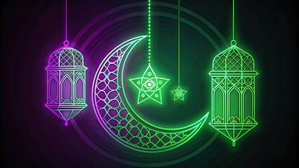 ramadan line art green and purple neon color iso Generative ai