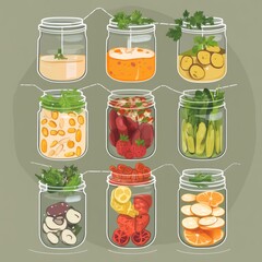 Sticker - Nine jars with different kinds of food inside.