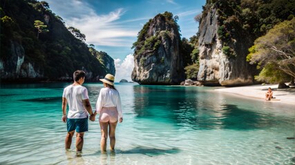 Wall Mural - couple on the beach with crystal clear water