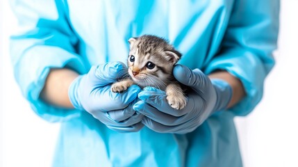 Wall Mural - Veterinarian in Surgical Gloves Holding a Small Animal, Ready for Treatment, Isolated on White Background with Room for Text