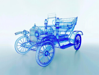 Car 1890s visualization with augmented reality Transparent car in studio drawing in blue colors blueprint glowing neon hologram futuristic show technology security for premium product business finance