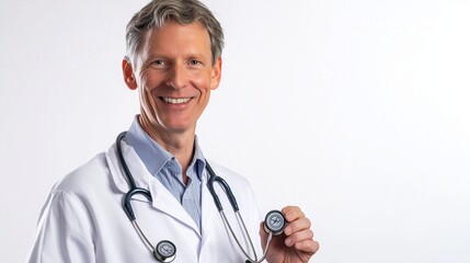 Wall Mural - Experienced Veterinarian Offering a Friendly Smile While Holding a Stethoscope, Isolated on White with Space for Text