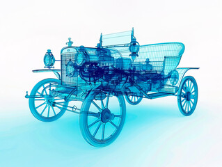 Car 1890s visualization with augmented reality Transparent car in studio drawing in blue colors blueprint glowing neon hologram futuristic show technology security for premium product business finance