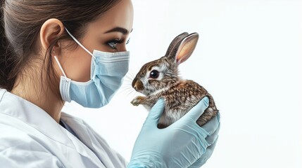 Wall Mural - Attentive Veterinarian Wearing a Mask and Gloves, Holding a Rabbit, Isolated on White Background with Space for Text