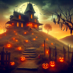 Wall Mural - Halloween theme. Haunted house on a hill with the moon in the background surrounded by cemeteries, trees, bats, pumpkin masks with glowing eyes