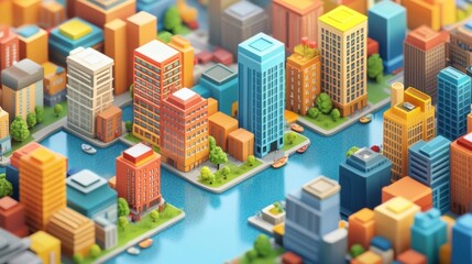 Wall Mural - Colorful cartoon-style cityscape model with diverse buildings and waterways. Architecture and city planning concept