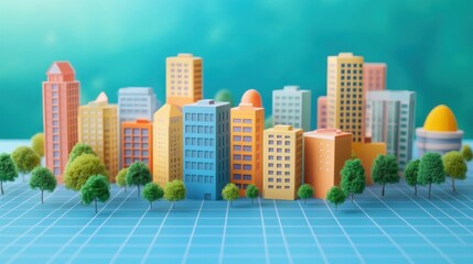 Wall Mural - A colorful cartoon-style cityscape model with various stylized buildings and trees on a blue grid background. Architecture and urban planning concept