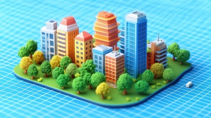 Wall Mural - A colorful cartoon-style cityscape model with various stylized buildings and trees on a blue grid background. Architecture and urban planning concept