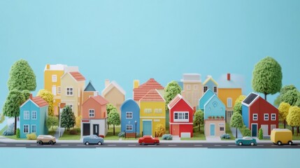 Wall Mural - Cartoon-style miniature cityscape with colorful houses, trees, and cars on a light blue background. Urban layout and architecture concept