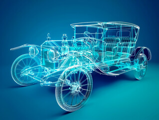 Wall Mural - Car 1900s visualization with augmented reality Transparent car in studio drawing in blue colors blueprint glowing neon hologram futuristic show technology security for premium product business finance