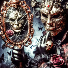 Halloween time Evil masks of monsters and ghostly killers with reflections in old mirrors