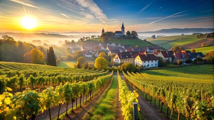 Sticker - Vineyards glow in the morning light above a charming countryside village