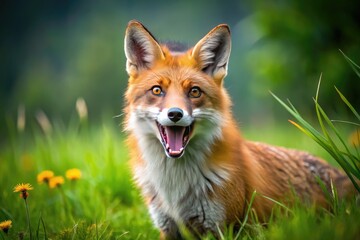 A curious red fox with a fluffy orange coat and white-tipped tail opens its mouth, revealing sharp teeth, in a lush green meadow landscape.