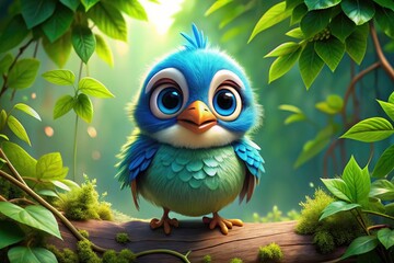 Adorable anthropomorphic bird with bright blue feathers, big round eyes, and a cheerful smile perches on a branch, surrounded by lush green leaves and vines.