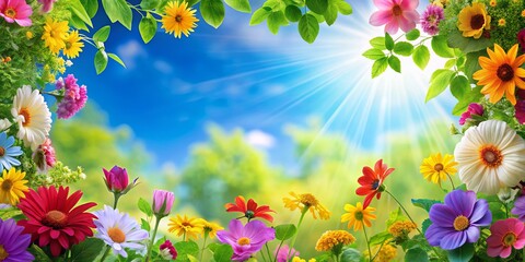 Poster - Vibrant summer background with colorful flowers, green leaves, and blue sky