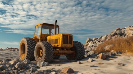 Wall Mural - a yellow tractor is working on building wrack