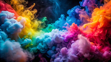 Colorful smoke swirls in a mesmerizing rainbow array against a black backdrop, forming a chaotic yet captivating pattern resembling a cloud or vortex. Vivid hues enhance the dreamlike quality 