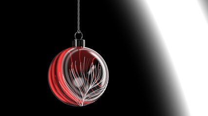 Wall Mural - christmas ball bauble glass red swirls stripes white feather decor silver hanging from top upright 3