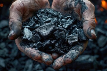 Coal miner holding pieces of coal in hands wearing dirty gloves