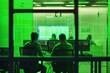 © Victor Bertrand - Two individuals in a futuristic, green-tinted control room, focused on computer screens displaying complex data, epitomizing modern tech surveillance.