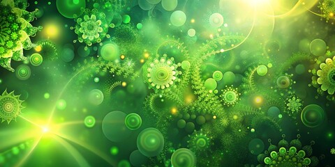 Wall Mural - Abstract green hues backdrop with bokeh spots and fractal designs, perfect for graphic design projects