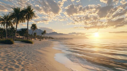 Poster - Palm trees on a white sand beach with a golden sunset over the ocean.