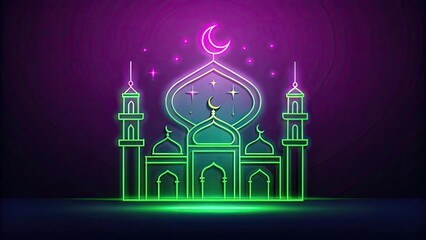 Poster - ramadan line art green and purple neon color iso Generative ai