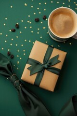 Wall Mural - A green box with a green ribbon sits on a green table with a cup of coffee. The coffee cup is filled with coffee and has some coffee grounds on top