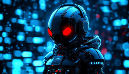 Digital illustration of Futuristic Robot with Red Eyes and Headphones