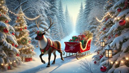 Wall Mural - Festive reindeer pulling a red sleigh filled with gifts and ornaments through a snowy forest.