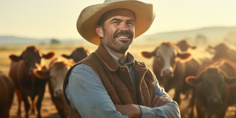 Sticker - A man in a cowboy hat stands in front of a herd of cows. He is smiling and he is proud of his work