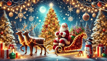 Santa Claus riding a glowing sleigh pulled by illuminated reindeer, and a decorated Christmas tree in a magical winter scene.