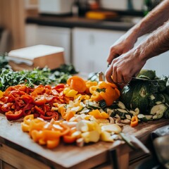 Sticker - Person chopping vegetables on a wooden cutting board, with hands visible.