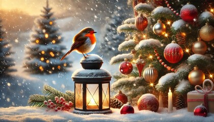 Wall Mural - A robin perched on a lantern next to a snow-covered Christmas tree decorated with ornaments.