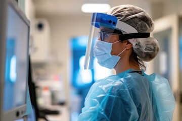 Healthcare worker in full protective gear in a medical facility