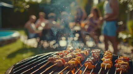 Wall Mural - A group of people are gathered around a grill, cooking food and enjoying each other's company. The atmosphere is relaxed and social, with everyone gathered around the grill to watch the food cook