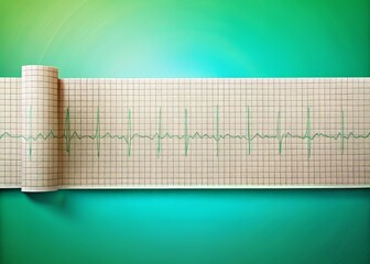 Detailed perspective illustration of an electrocardiogram paper strip featuring right axis deviation with distinct lead labels and axis orientation on a gradient blue and green background