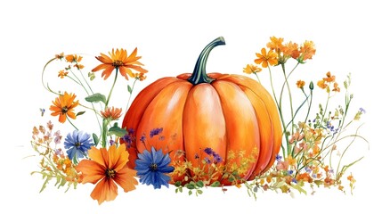 Autumn Pumpkin and Floral Arrangement on White Background