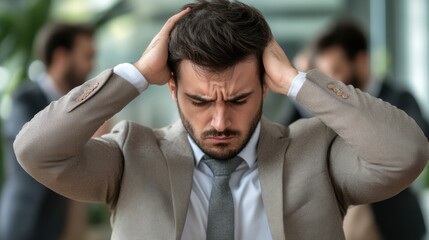 Poster - A man in a suit and tie holding his head, AI