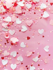 Wall Mural - A pink background with a lot of hearts scattered around it. The hearts are of different sizes and colors, creating a playful and festive atmosphere