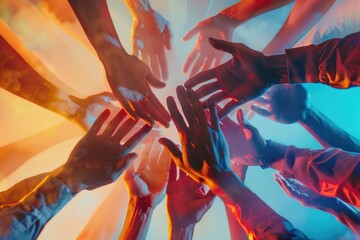 A group of people are holding hands in a circle. Concept of unity and togetherness