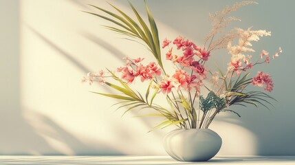 Poster - Pink flowers in a white vase against a white wall with light shadows.