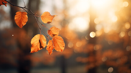 Ambiance automnale, feuilles oranges, jaunes, or sur les branches d'un arbre. Arrière-plan de flou et lumière bleue et orangée. Automne, hiver, feuilles mortes. Pour conception et création graphique