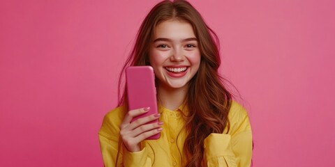 Wall Mural - A girl is smiling and holding a pink cell phone. The pink color of the phone and the girl's outfit create a cheerful and playful mood